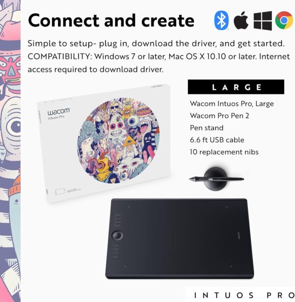 Wacom Intuos Pro Large Bluetooth Graphics Drawing Tablet, 8 Customizable ExpressKeys 8192 Pressure Sensitive Pro Pen II Included, Compatible with Mac OS and Windows,Black