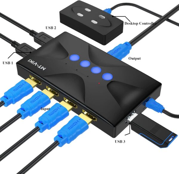 KVM Switch HDMI 4 port Boxes, 4K@30hz USB KVM HDMI Console for 4 Computers sharing Keyboard Mouse and HD Monitor with 4 pack -  2in1 KVM Cables + Desktop Selector Included - Image 2