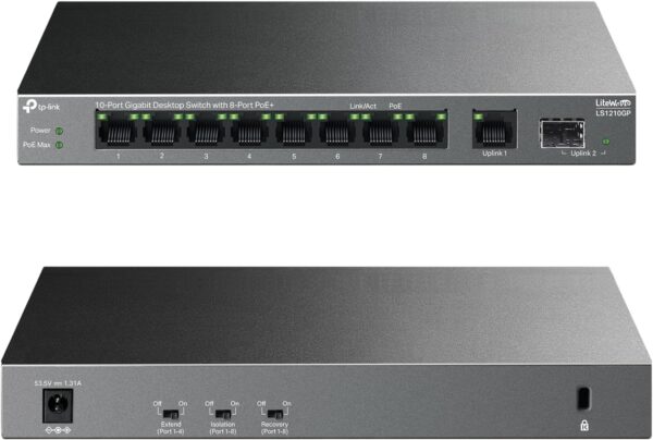 TP-Link 10-Port Gigabit Desktop Switch with 8-Port PoE+, 61 W PoE Budget, 30 W PoE output, Up to 250m PoE Transmission. Traffic Separation, Plug and Play, Fanless, Metal Case (LS1210GP) - Image 9