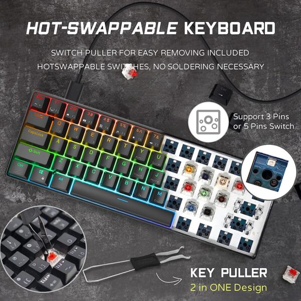 RK ROYAL KLUDGE RK61 61 Keys Mechanical Keyboard , 3 Connection Modes USB-2.4Ghz/Bluetooth/Wired/ Wireless - RGB Hot Swappable Blue Switch Gaming Keyboard - Arabic / English - BLACK - Image 11