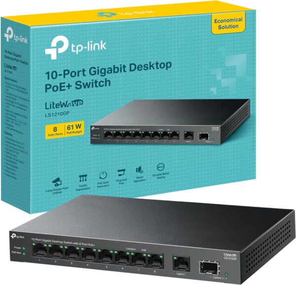 TP-Link 10-Port Gigabit Desktop Switch with 8-Port PoE+, 61 W PoE Budget, 30 W PoE output, Up to 250m PoE Transmission. Traffic Separation, Plug and Play, Fanless, Metal Case (LS1210GP) - Image 10