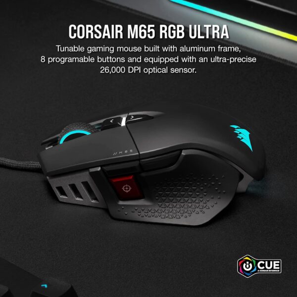 Corsair M65 RGB Ultra Tunable FPS Gaming Mouse Marksman 26,000 DPI Optical Sensor, Optical Switches, AXON Hyper-Processing Technology, Sensor Fusion Control, Tunable Weight System - Black - Image 7