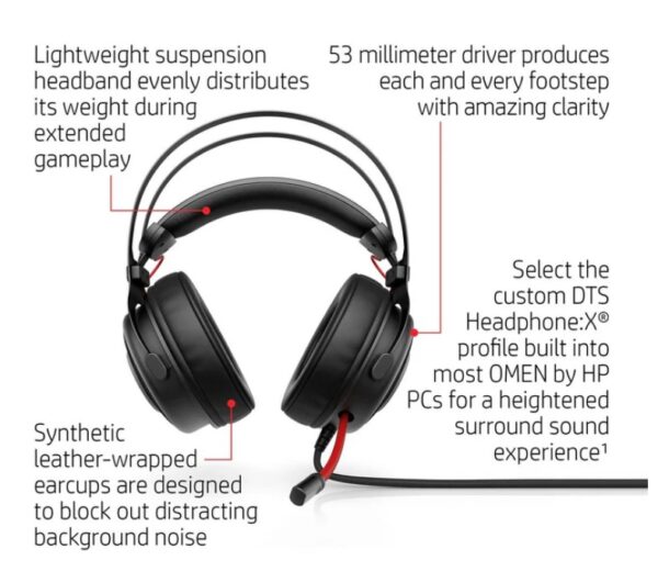 OMEN by HP Gaming Headset 800 with DTS Headphone :X Surround for PC, Mac, PS4, Xbox One, Retractable Mic, Black/Red - NO BOX - Image 3