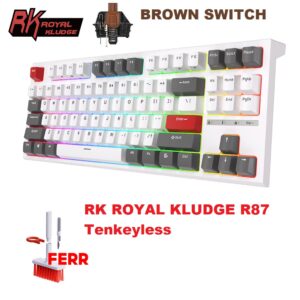 RK ROYAL KLUDGE R87 Wired Mechanical Keyboard Tenkeyless TKL 87 Key RGB Backlit Hot-swappable Gamer Keyboard Customized Keycaps with Dust Cover Brown Switch - White