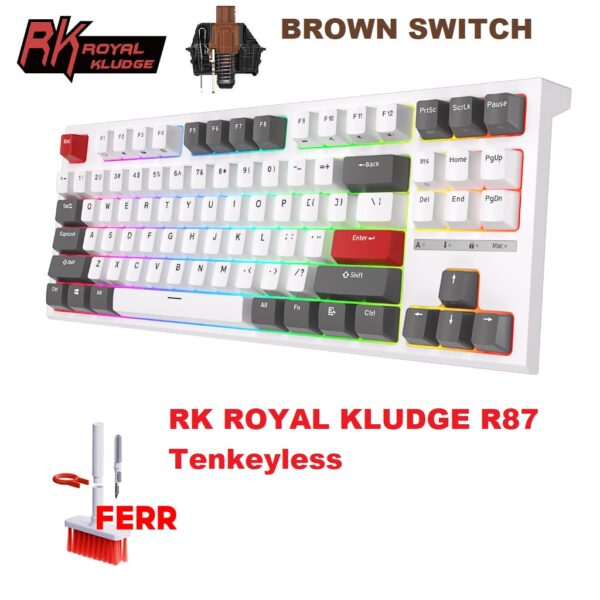 RK ROYAL KLUDGE R87 Wired Mechanical Keyboard Tenkeyless TKL 87 Key RGB Backlit Hot-swappable Gamer Keyboard Customized Keycaps with Dust Cover Brown Switch - White