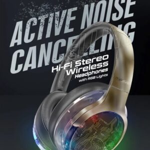 Promate WIRERLESS HEADPHONES RGB TRANSPARENT RAINBOW LED BACKLIT TRANSUNE  Active Noise Cancelling , Hi-Fi STEREO , FLIP & FOLD - GUNMETAL
