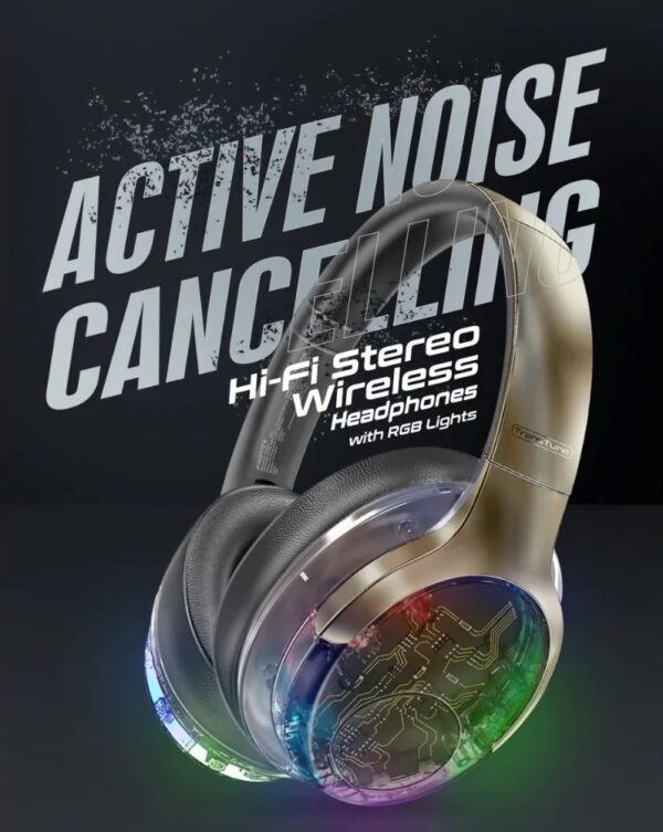 Promate WIRERLESS HEADPHONES RGB TRANSPARENT RAINBOW LED BACKLIT TRANSUNE  Active Noise Cancelling , Hi-Fi STEREO , FLIP & FOLD - GUNMETAL