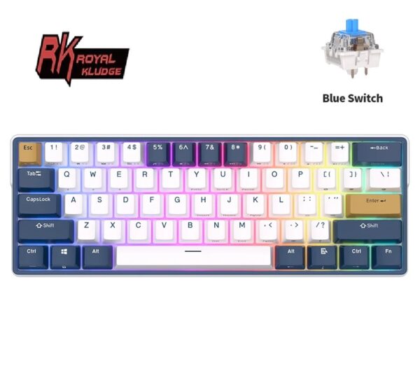 RK61 Plus ROYAL KLUDGE  Tri-mode Connectivity Mechanical Keyboard 2.4G Wireless Bluetooth RGB Backlit 61 Programmable Keys 60% Layout , Hot-swappable Blue Switch , Klein Hub Design - English/Arabic