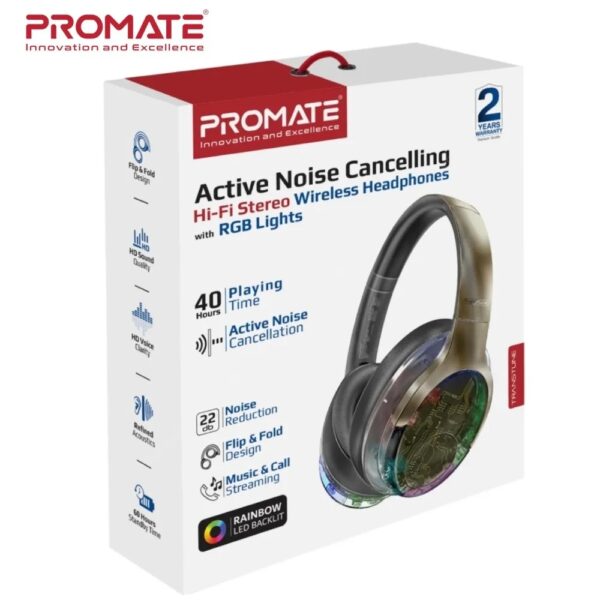 Promate WIRERLESS HEADPHONES RGB TRANSPARENT RAINBOW LED BACKLIT TRANSUNE  Active Noise Cancelling , Hi-Fi STEREO , FLIP & FOLD - GUNMETAL - Image 3