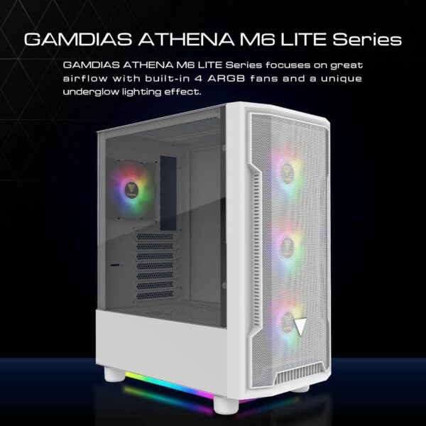 GAMDIAS ATHENA M6 LITE  , ATX Mid Tower Gaming Case with Side Tempered Glass, 4X 120mm ARGB Case Fans , Magnetic Dust Filter - WHITE - Image 4