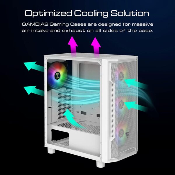 GAMDIAS ATHENA M6 LITE  , ATX Mid Tower Gaming Case with Side Tempered Glass, 4X 120mm ARGB Case Fans , Magnetic Dust Filter - WHITE - Image 5