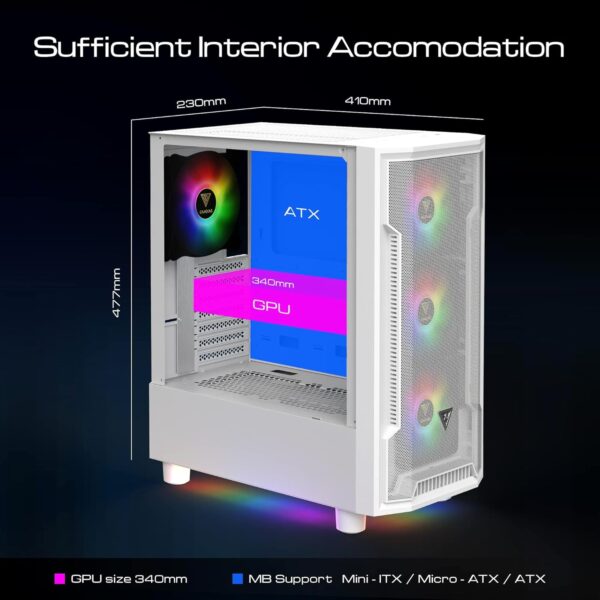 GAMDIAS ATHENA M6 LITE  , ATX Mid Tower Gaming Case with Side Tempered Glass, 4X 120mm ARGB Case Fans , Magnetic Dust Filter - WHITE - Image 7