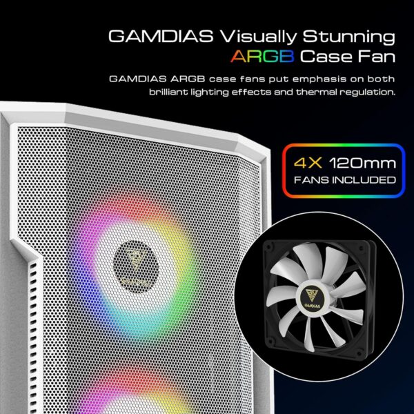 GAMDIAS ATHENA M6 LITE  , ATX Mid Tower Gaming Case with Side Tempered Glass, 4X 120mm ARGB Case Fans , Magnetic Dust Filter - WHITE - Image 8