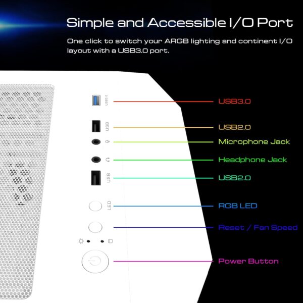 GAMDIAS ATHENA M6 LITE  , ATX Mid Tower Gaming Case with Side Tempered Glass, 4X 120mm ARGB Case Fans , Magnetic Dust Filter - WHITE - Image 3