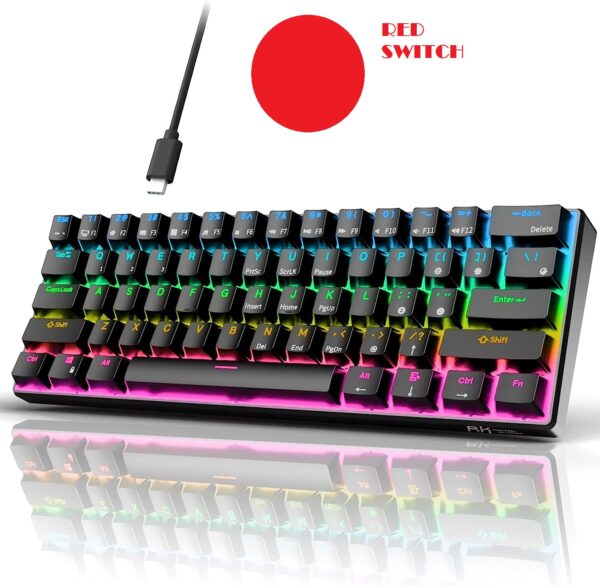 RK ROYAL KLUDGE RK61 61 Keys Mechanical Keyboard , 3 Connection Modes USB-2.4Ghz/Bluetooth/Wired/ Wireless - RGB Hot Swappable RED Switch Gaming Keyboard - Arabic / English - BLACK