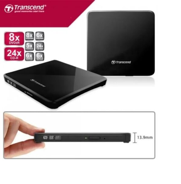 Transcend 8K Extra Slim External Portable DVD Writer Optical Drive (TS8XDVDS-K) ; Burner CD DVD +/-RW Reader ; DVD Player for Laptop Mac MacBook PC Windows Linux OS