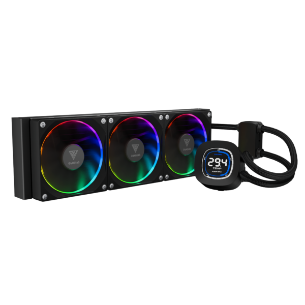 Gamdias CHIONE M4-360 CPU Liquid Cooler, 3X 120mm ARGB PWM Fans, RGB Sync with motherboards, Rotatable 2.1" LCD Displays - BLACK