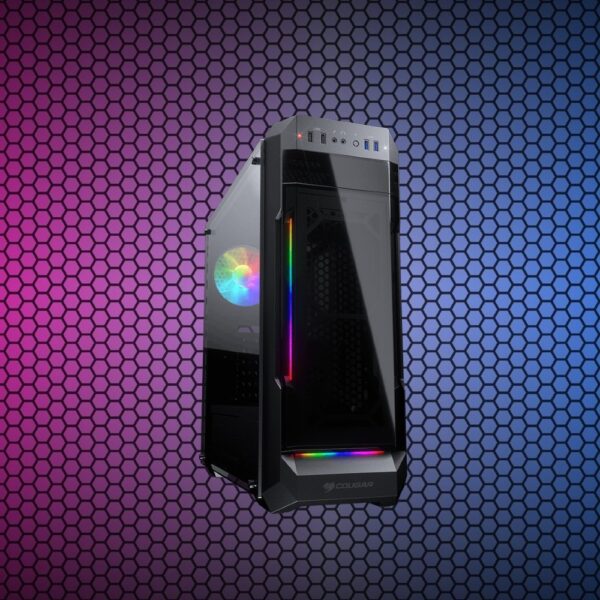 COUGAR MX331-T GAMING MID TOWER ARGB CASE TEMPERED GLASS SIDE PANEL , 3 Built in ARGB strips ,  Adjustable Fan Speed Controller , 4 USB Ports ,Pre-installed ARGB Fan BLACK