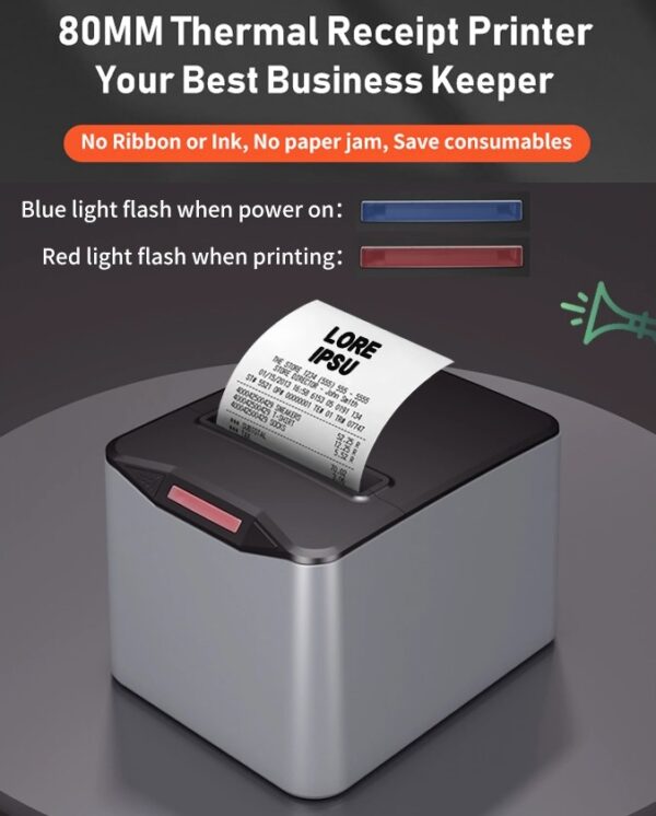 Thermal Receipt Printer, 3'1/8 80mm Thermal Printer with USB, Serial, LAN Port, High Speed Printing, Automatic Cutting for Cash Register Restaurant Kitchen - BLACK