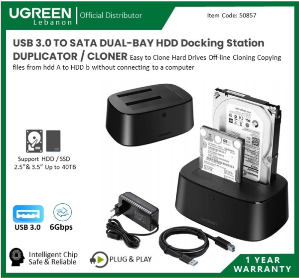 UGREEN USB 3.0 Dual Bay SATA Hard Drive Docking Station DUPLICATOR / CLONER - CM198  - Image 5