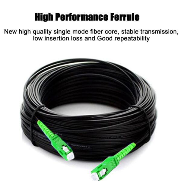50 Meter Simplex Fiber Cable SC APC to SC APC  | Single Mode 3mm | Fiber Drop Cable 9/125um Fiber Patch Cord FTTH Drop Cable - Steel Wire Black LSZH Jacket - Image 2