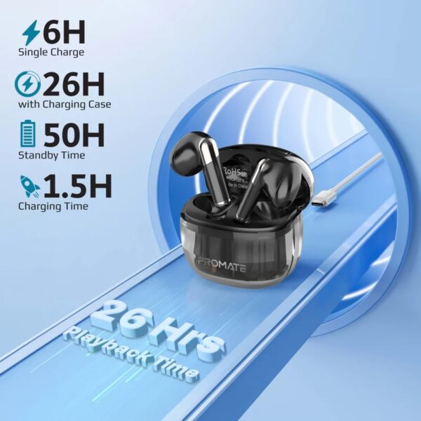 PROMATE High Definition Transparent TWS Earbuds with IntelliTouch - Active Noise Cancellation - Bluetooth V 5.3 - Compact Transparent Design - BLACK - Image 4