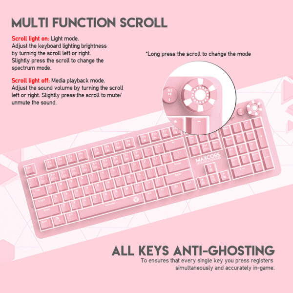 FANTECH MK852 MAX CORE SAKURA EDITION MECHANICAL GAMING KEYBOARD - Anti-Ghosting - Multi Function Scroll Knob , 20 Modes RGB Gradient Illumination - SOFTWARE PERSONALISATION - PINK - Image 7