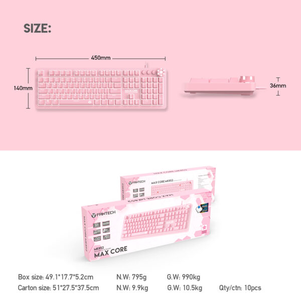 FANTECH MK852 MAX CORE SAKURA EDITION MECHANICAL GAMING KEYBOARD - Anti-Ghosting - Multi Function Scroll Knob , 20 Modes RGB Gradient Illumination - SOFTWARE PERSONALISATION - PINK - Image 3