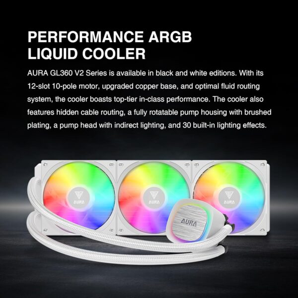 GAMDIAS AURA GL360 V2 Liquid CPU Cooler, 120mm, Triple Fan, White ARGB AIO, Mirror Style  Rotatable Pump, LGA 1700/AM5 Ready, Built-in Lighting Effects, Hidden Cable Management | WHITE  AURA-GL360-V2-W - Image 2