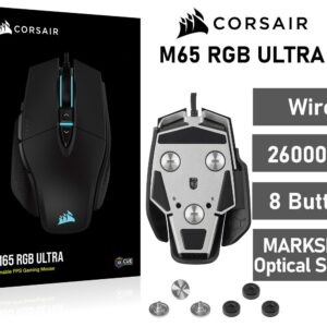 Corsair M65 RGB Ultra Tunable FPS Gaming Mouse Marksman 26,000 DPI Optical Sensor, Optical Switches, AXON Hyper-Processing Technology, Sensor Fusion Control, Tunable Weight System - Black
