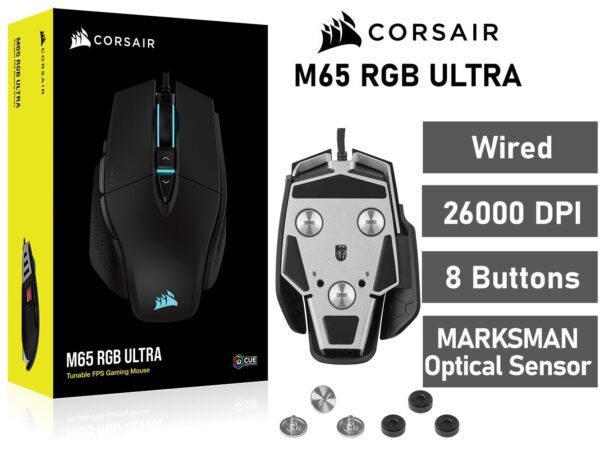 Corsair M65 RGB Ultra Tunable FPS Gaming Mouse Marksman 26,000 DPI Optical Sensor, Optical Switches, AXON Hyper-Processing Technology, Sensor Fusion Control, Tunable Weight System - Black