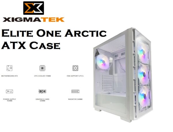 Xigmatek Elite One Arctic ATX Mid Tower Gaming PC Case w/FRONT PANEL TEMPERED GLASS , Support Up to 320mm GPU & up to 6 Fans ; Prebuilt 4 X 120mm RGB Case Fans, EFFECTIVE HEAT DISSIPATION  - WHITE 