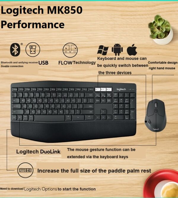 Logitech MK850 Performance Wireless Keyboard and Mouse Combo, Bluetooth Smart, 2.4GHz Wireless Connection, 1000 Dpi Sensor, 8 Buttons,  Black | 920-008486