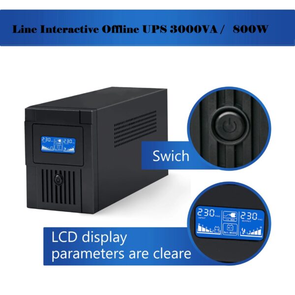 Line Interactive Uninterruptible Power Supply Offline UPS 3000VA / 800W, 12V 9Ah*2 with a Fan– LED Light – EU Socket, EU Plug –  230VAC, 60/50HZ – Short Circuit ,Overload, Battery Discharge And Overcharge, Surge Protection – For Home Office, Desktop PC & Home Electronics 