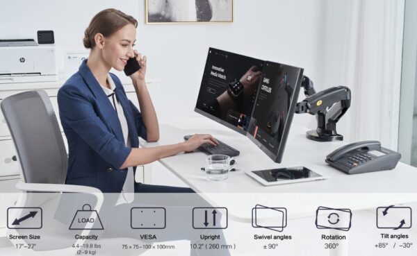 Dual Monitor Desk Mount Stand Gas Spring 360 Degree Full Rotation ; Computer Monitor Arm for Two Screens 17" - 27" Inch with 2~9 Kg Load Capacity for Each Display ;  F160 - Image 8