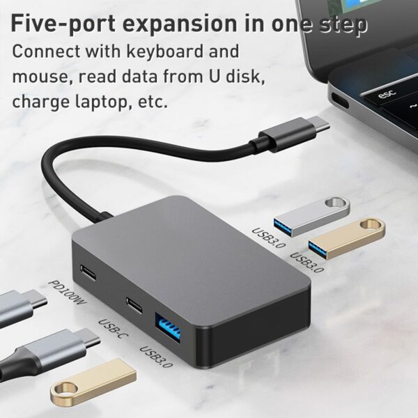 5 in 1 USB-C / Type-C to USB3.0 & Type-C Multifunctional Docking Station HUB Adapter - High Speed Transmission - (Dark Grey) BYL-2316