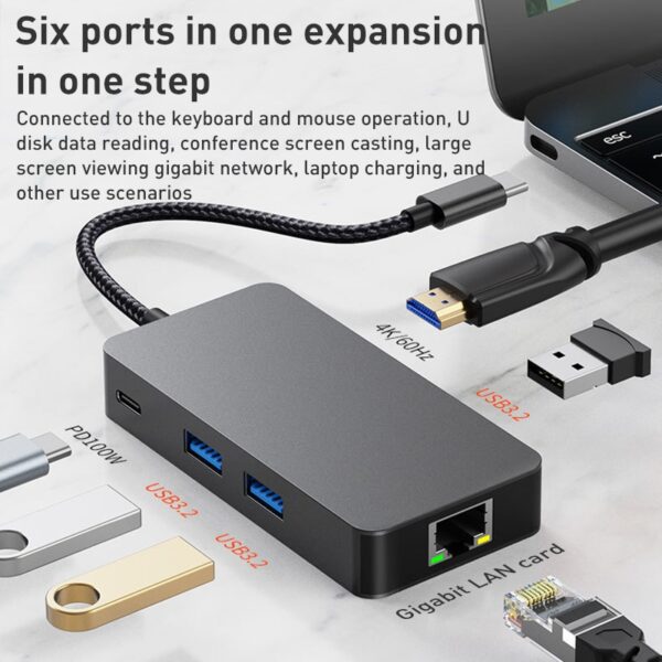 6 in 1  USB Type-C to ( USB3.2 + Gigabit Lan Internet + HDTV/HDMI 4K 60Hz ) HUB Adapter & Charging -  BYL-2308 (Dark Gray)