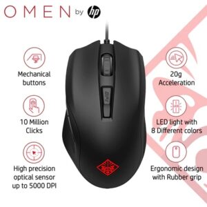 HP Omen 400 Wired USB Gaming Mouse, Optimized Mechanical Switches, Quick Adjust 1600-5000 DPI Optical Sensor, Sniper Mode 400 DPI, RGB LED, Customizable Buttons - [RePacked] 