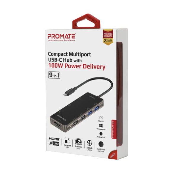 Promate PrimeHub-Go Compact Multiport USB-C Hub with 100W Power 9IN1 - Image 3