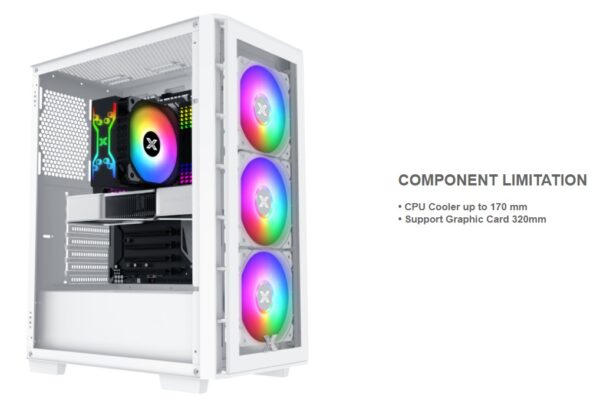 Xigmatek Elite One Arctic ATX Mid Tower Gaming PC Case w/FRONT PANEL TEMPERED GLASS , Support Up to 320mm GPU & up to 6 Fans ; Prebuilt 4 X 120mm RGB Case Fans, EFFECTIVE HEAT DISSIPATION  - WHITE  - Image 8