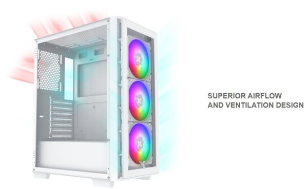 Xigmatek Elite One Arctic ATX Mid Tower Gaming PC Case w/FRONT PANEL TEMPERED GLASS , Support Up to 320mm GPU & up to 6 Fans ; Prebuilt 4 X 120mm RGB Case Fans, EFFECTIVE HEAT DISSIPATION  - WHITE  - Image 4