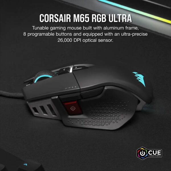 Corsair M65 RGB Ultra Tunable FPS Gaming Mouse Marksman 26,000 DPI Optical Sensor, Optical Switches, AXON Hyper-Processing Technology, Sensor Fusion Control, Tunable Weight System - Black - Image 8