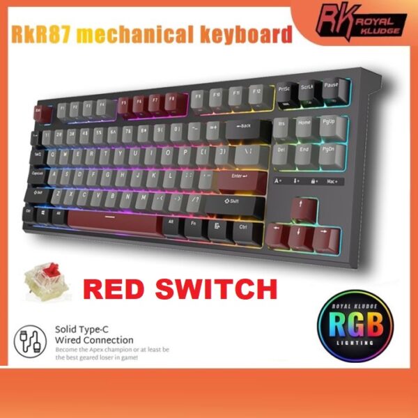 RK ROYAL KLUDGE R87 Wired Mechanical Keyboard RED Switch Tenkeyless TKL 87 Key RGB Backlit Hot-swappable Gamer Keyboard Customized Keycaps with Dust Cover - Black