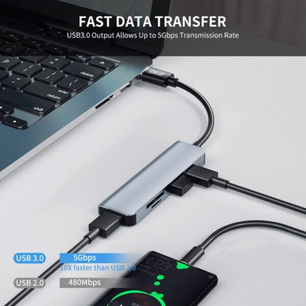 5-Port Docking Station USB C Splitter Hub/Adapter : 1xUSB 3.0 Port, 2xUSB 2.0 Port, 1xMicro SD card reader, 1xTF card reader - Image 3