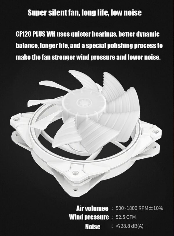 DEEPCOOL CF120 Plus 3 FANS x120mm PWM Fan , ARGB Dual Loop Lighting Zones, High Airflow and Low-Noise, 3-Pin (+5V-D-G) Addressable RGB LED Lighting - WHITE - Image 7