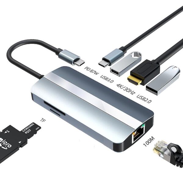 Docking Station Multifunctional 7-in-1 4K HDMI Docking Station Gigabit Ethernet  Type-c Hub to USB3.0+USB2.0+SD+TF+RJ45(100Mbps)+HDMI+PD 87W  