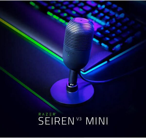 Razer Seiren V3 Mini USB Microphone: Condenser Mic - Supercardioid Pickup Pattern - Tap-to-Mute Sensor with LED Indicator - Shock Absorber - Ultra Compact - PC, Discord, OBS Studio, XSplit - Black