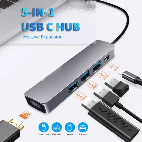 5 in 1 USB-C Hub with 4K HDMI 30Hz, USB 3.0/2.0, 60W Power Delivery, 5 Gbps Data Ports / USB C Multi-Port Adapter for MacBook, Laptops ,and Other Type C Devices