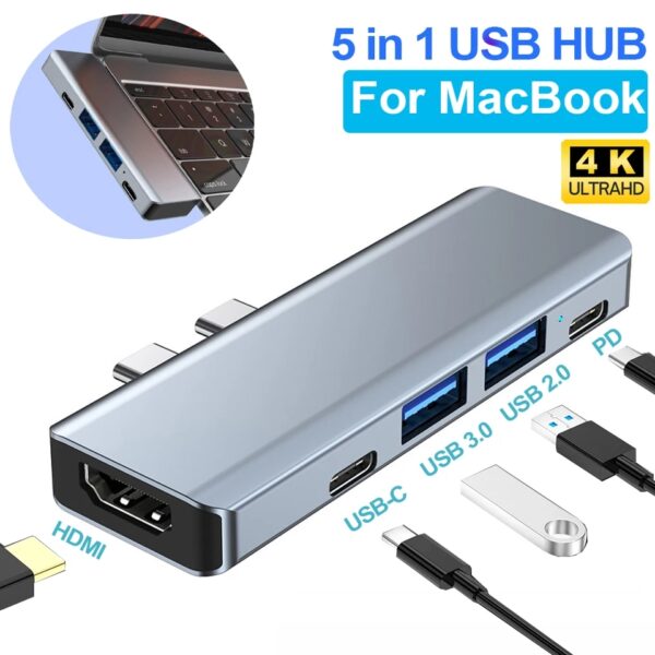 5 in 1 USB Hub DUAL TYPE-C TO ( Type C + USB HUB to HDMI/HDTV + PD + USB C + 2 USB 3.0/3.1 ) USB 3.1 Adapter 4K-HDMI 87W PD Charge For MacBook , Chromebook ... - Image 5