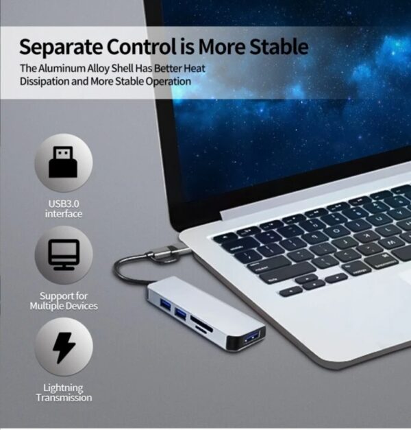 5-Port Docking Station USB C Splitter Hub/Adapter : 1xUSB 3.0 Port, 2xUSB 2.0 Port, 1xMicro SD card reader, 1xTF card reader - Image 9